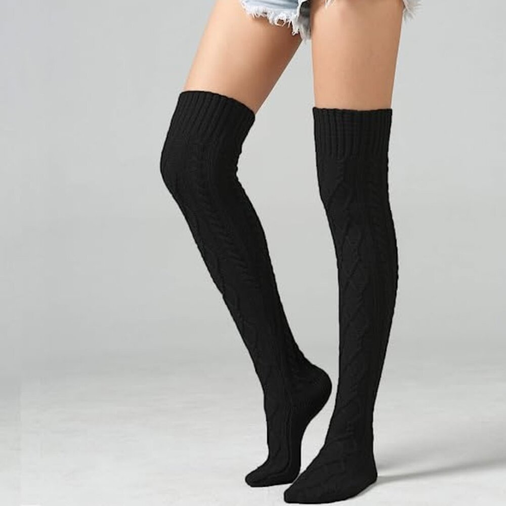 BLACK Women's Cable Knit Thigh High Socks 100% NEW